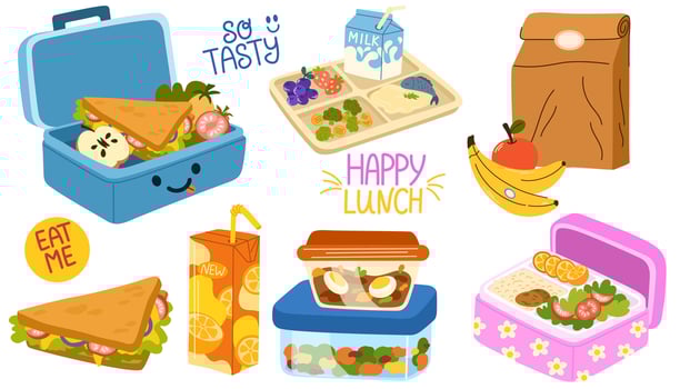 School lunch box, container, tray with meals, paper bag. Various food, sandwich, fruits, milk, juice, soda. Hand drawn illustration. Isolated elements, design templates. Healthy food concept vector
