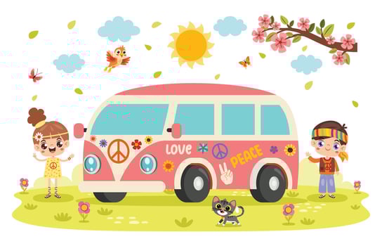 Hippie Characters With Camper Van vector