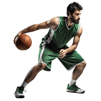 Basketball player dribbling ball in green uniform on transparent background png