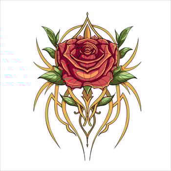 Red rose with green leaves and abstract golden elements. Detailed illustration on white background. F vector