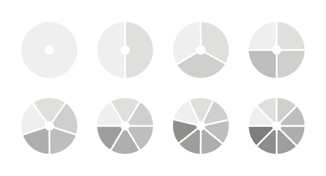 Pie chart set. Monochrome diagram with 1, 2, 3, 4, 5, 6, 7, 8 equal sections, steps. Circle icons for UI, web design, business presentation, infographic, statistic, analytics. Graphic illustration. vector