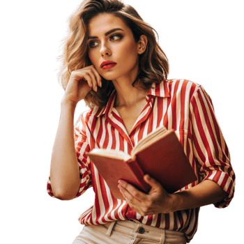 Thoughtful woman reading a book in a striped shirt png