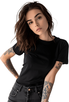 a woman with tattoos on her arms and a black shirt png