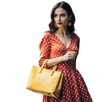 Elegant woman in polka dot dress holding a yellow handbag png