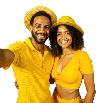 Smiling couple taking a selfie in matching yellow outfits png
