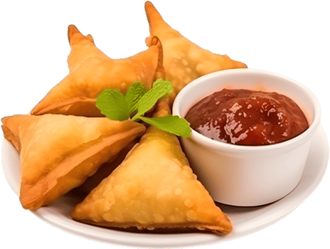 samosa near ketchup in a transparent background png