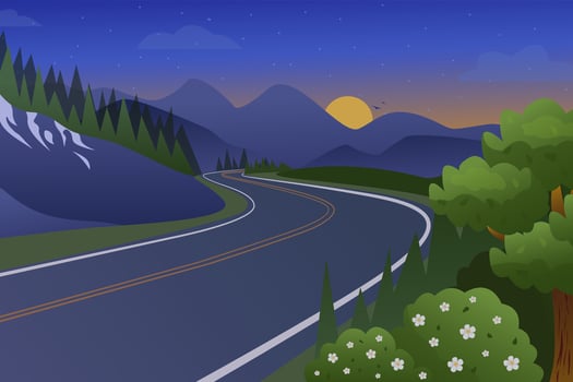 landscape of the road, sunset in the mountains. Road through mountains, forest and meadows cartoon background vector