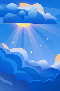 Bright sky with sun and thunderclouds, sun rays in cartoon style vector
