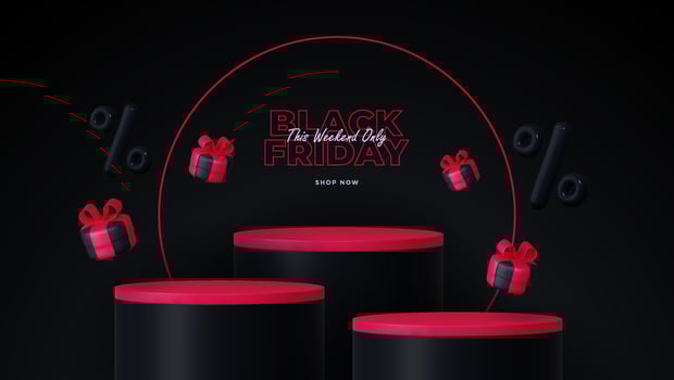 Black Friday Sale. Realistic 3D design featuring a stage podium with round studio, black gift box with a red bow, and percent discount label. Creative marketing concept. vector