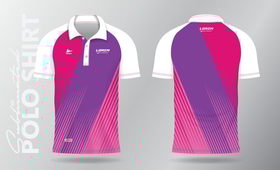 pink and purple jersey polo shirt mockup template design for badminton, tennis, soccer, football or sport uniform in front view and back view. vector