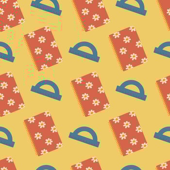 School seamless pattern. Red notebook and blue ruler on a yellow background. illustration for packaging, background, website, cover, card vector