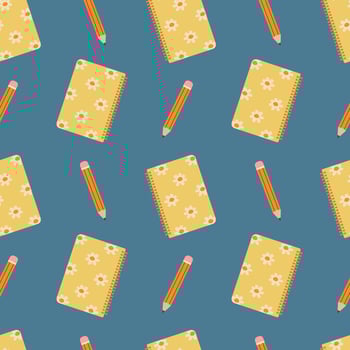 School notebook seamless pattern. Notepad and pencil on a blue background. illustration for cover, background, card, packaging vector