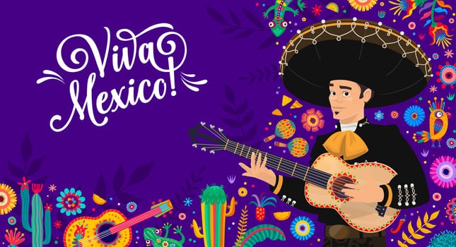 Viva Mexico poster with Mexican mariachi musician vector