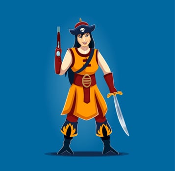 Cartoon Asian woman pirate or corsair character. vector