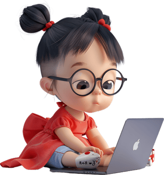 a cartoon girl with glasses sitting on a laptop png