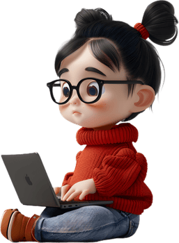 a cartoon girl with glasses sitting on a laptop png