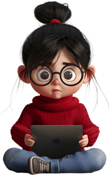a cartoon girl with glasses sitting on a laptop png