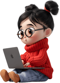 a cartoon girl with glasses sitting on a laptop png