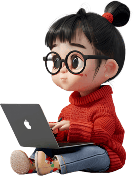 a cartoon girl with glasses sitting on a laptop png