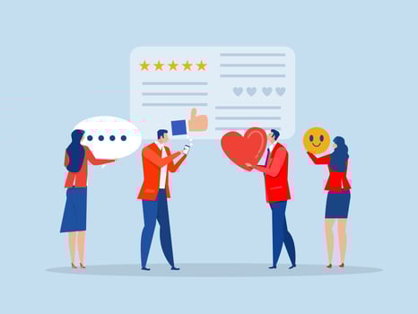 Customer Satisfaction concept, Customer giving rating stars and likes and positive feedback Review from tiny male and female clients flat Customer feedback illustration vector