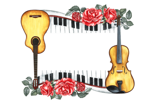 The frame is musical with guitars, piano keys, violin and red roses. The watercolor illustration is made by hand. For posters, flyers and invitation cards. For greeting cards and certificates. png