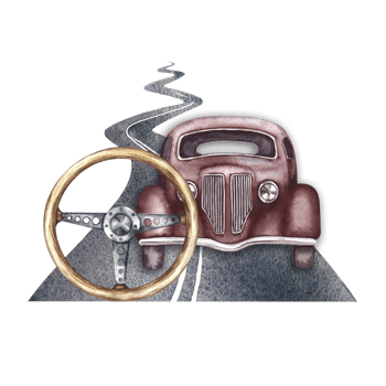 Asphalt road, retro car and steering wheel. The illustration is done in watercolor by hand. Sticker for drivers. Designed for making flyers, banners and postcards. For invitations, posters and prints. png