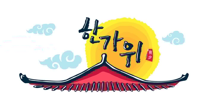 Happy Korean Chuseok holiday emblem. Korea Hangawi Thanksgiving Day and mid autumn harvest oriental celebration festival. Asian traditional hanok roof design concept. Translation Hangawi Chuseok. Eps vector