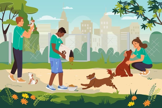 Friendly man and woman volunteer working in animal shelter. Young characters feeding homeless dogs. Homeless Pets in Pound. Volunteering charity cartoon Banner. Flat illustration vector