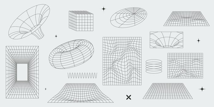 Abstract geometric wireframes and grids. Isolated editable stroke black 3D shapes. Y2k retro futuristic aesthetic elements vector