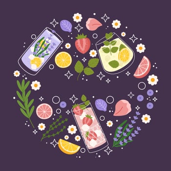 Vibrant illustration on dark purple background, word Summer surrounded colorful elements, glasses of refreshing drinks, citrus slices, strawberries, mint leaves, lavender, and flowers. vector