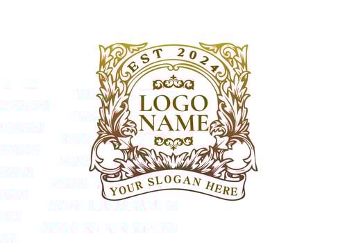 Logo Gold flowers frame vintage ribbon. Logo retro, floral, luxury. Editable file vector