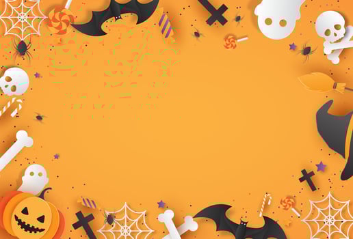 Happy Halloween tricks or treats with pumpkins, spiders, bats, candy and skulls. Spooky website, Halloween background or banner template. vector