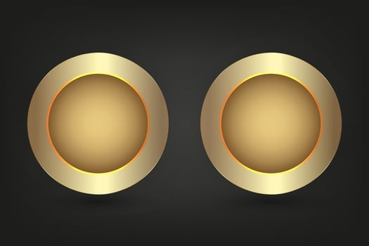 Set of two luxurious and shiny metal golden circle buttons against a black background, creating a striking contrast , illustration design vector