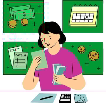 a woman is sitting at a desk with a pile of papers and money vector