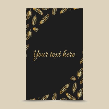 Modern luxury black and gold background for business or greeting card with golden feathers. Elegance card design template with copy space for text for engagement, Wedding invitation, gala, vip cover. vector