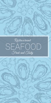 Seafood bar restaurant menu cover card design template with fresh oysters. Hand drawn illustration for Oyster farm or fish restaurant, market vector