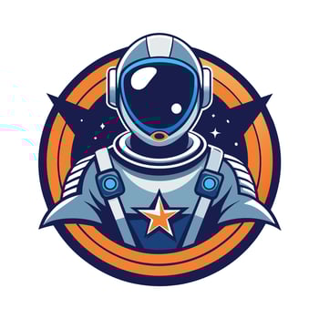A cartoon illustration of an astronaut wearing a space suit with a star on their chest, set within a circle design. vector