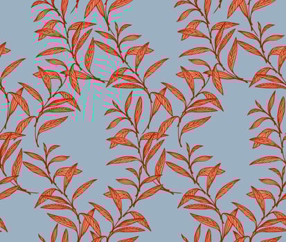 Colorful seamless pattern with abstract artistic orange branches leaves on a blue background. hand drawing. Creative botanical tropical printing. Template for designs, textiles, fashion vector