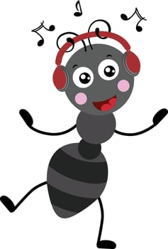 Funny ant listening music with headphones vector