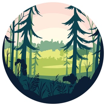Forest landscape scene. Layered forest illustration in circle. Evergreen trees and tree trunks, bushes and greenery. Circle composition of forest illustration vector