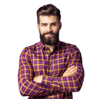 Confident man with beard and plaid shirt on transparent background png