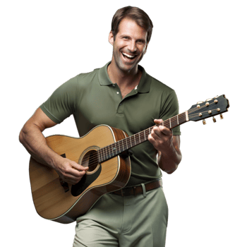 Smiling man playing guitar on transparent background png