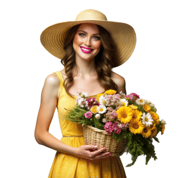 Woman in yellow dress holding basket of flowers smiling png