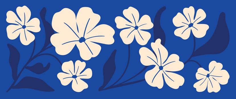 Abstract botanical art background . Natural hand drawn pattern design with white flower, blue leaves. Simple contemporary illustrated Design for fabric, print, cover, banner, wallpaper. vector