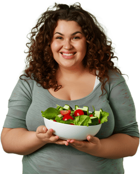 a woman holding a bowl of salad png