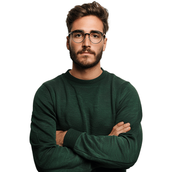 A man with glasses and a green sweater isolated on transparent background png