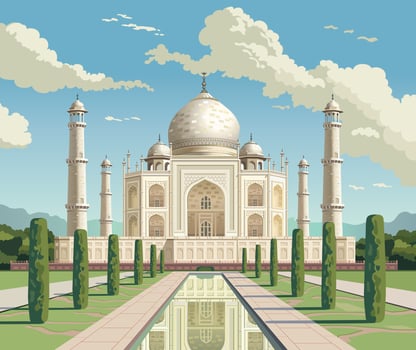 Taj Mahal is a palace in India. Mosque. Landmark, architecture, hindu temple in the Indian city of Agra, Uttar Pradesh vector