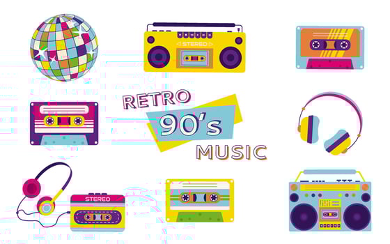 90s retro elements set. Disco ball, player with headphones, tape recorder, audio tapes. Aesthetics of the 90s vector