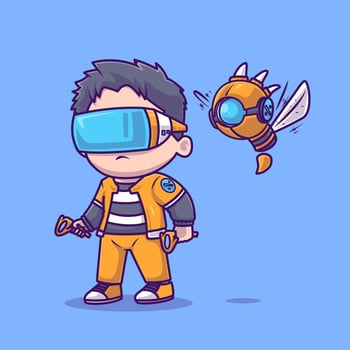 Cute Boy Playing VR Game With Robot Cartoon vector