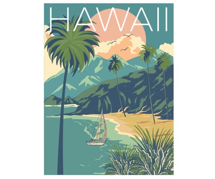 Hawaii graphic print design, sunshine print design artwork, Mountain artwork, Beach Paradise Print T-shirt Graphics Design, typography slogan on palm trees background. Good vibes. vector